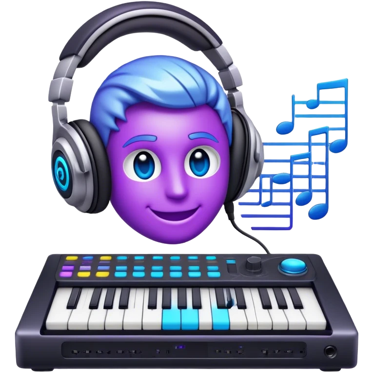 Create a sleek and modern emoji that represents sound design. The design should feature sound waves made from musical notes, a sound mixing console, and a pair of studio headphones to symbolize the process of creating and shaping sound. Include elements like a synthesizer or audio effects buttons to highlight the creative tools used in sound design. Use futuristic colors like neon blue, purple, and silver to convey the cutting-edge, experimental nature of sound creation. The background should be transparent. emoji