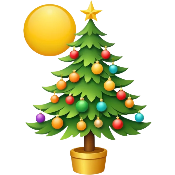 A bright sun next to a decorated Christmas tree, symbolizing summer party and Christmas celebration. Minimal details, flat colors, rounded shapes. emoji