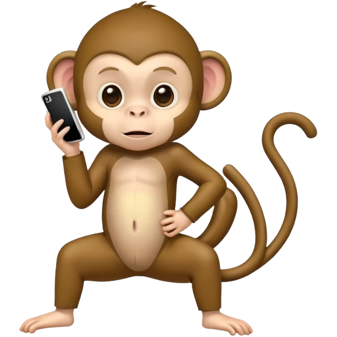 side profile of little boy in monkey costume holding an iPhone with one leg bent and hand on hip emoji