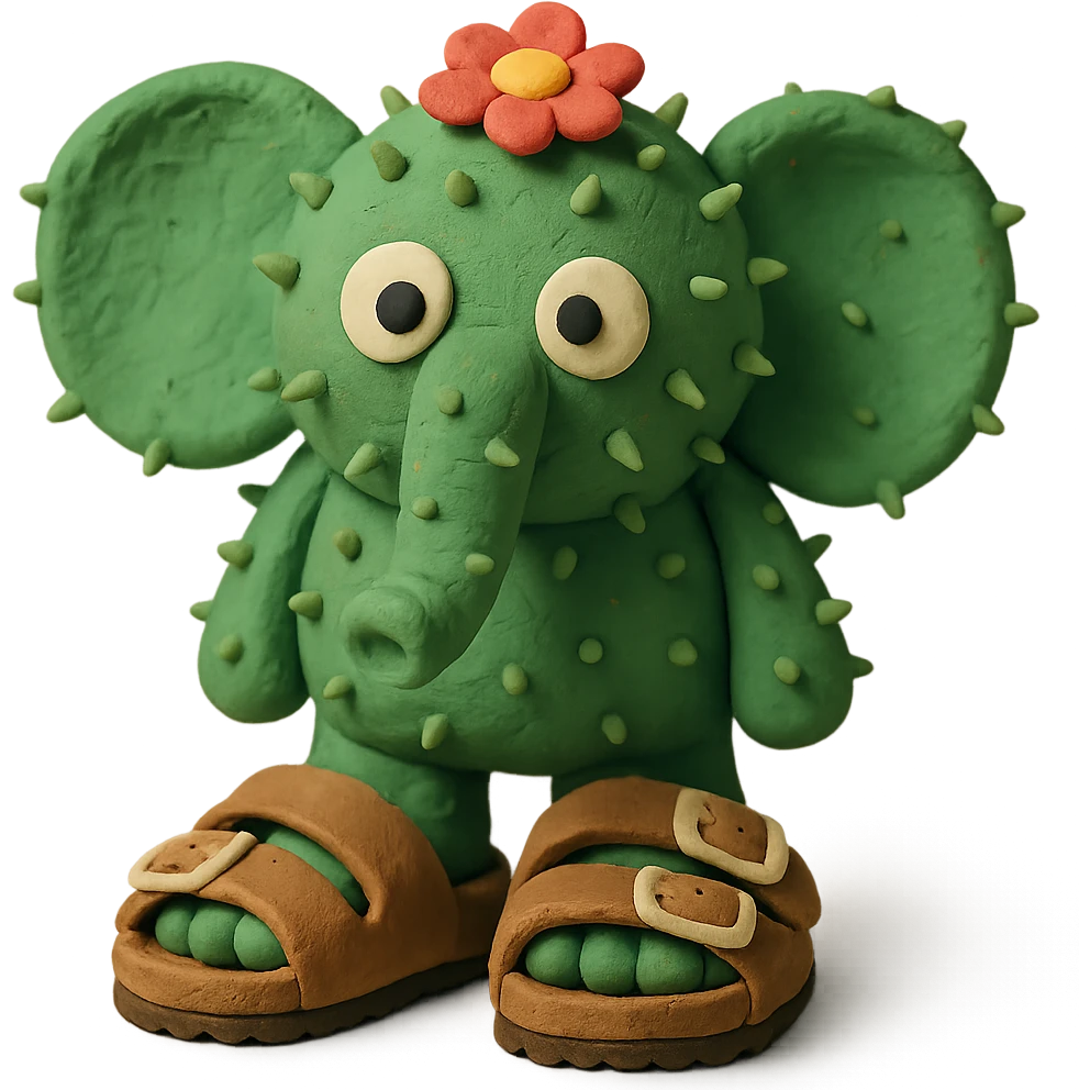 Larili Larila, cactus-skinned elephant with big Birkenstock sandals emoji