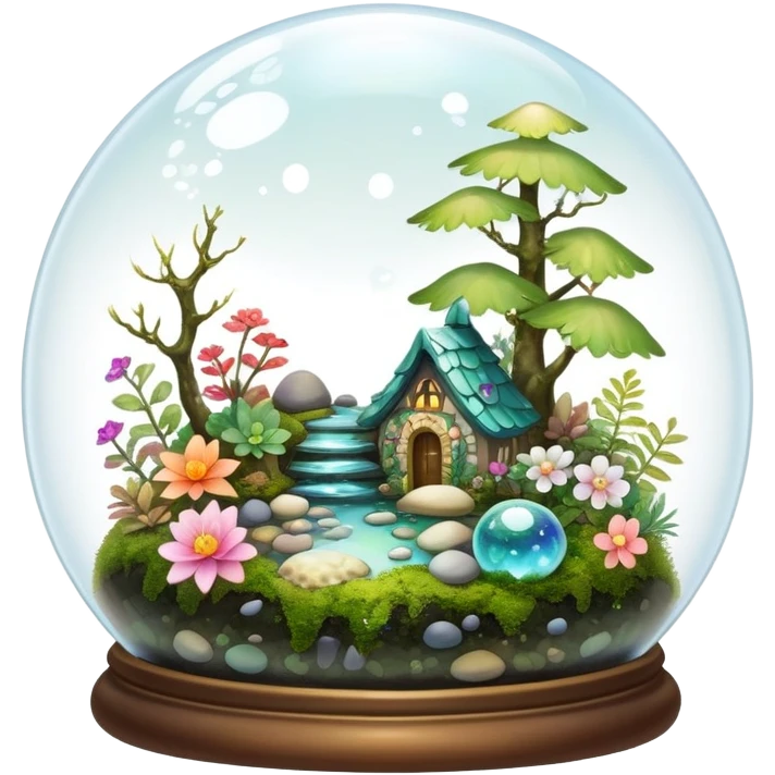 Sparkly shiny iridescent Mystical woodland glass-dome-terrarium-globe with moss inside, with marbles, with pebbles, crystals, with bones inside, and flowers inside  emoji