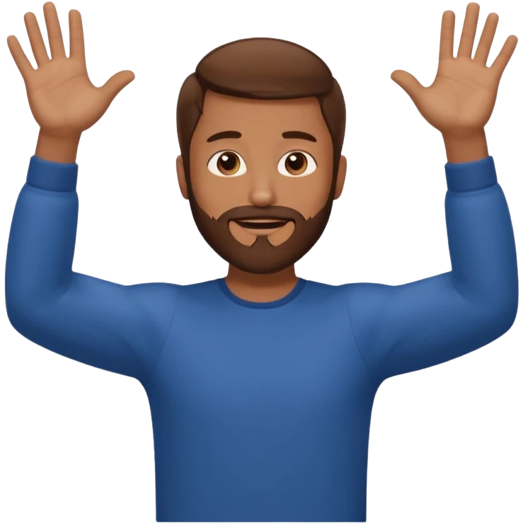 A man with brown hair and beard with his arms out horizontally at his sides waiting for a hug emoji