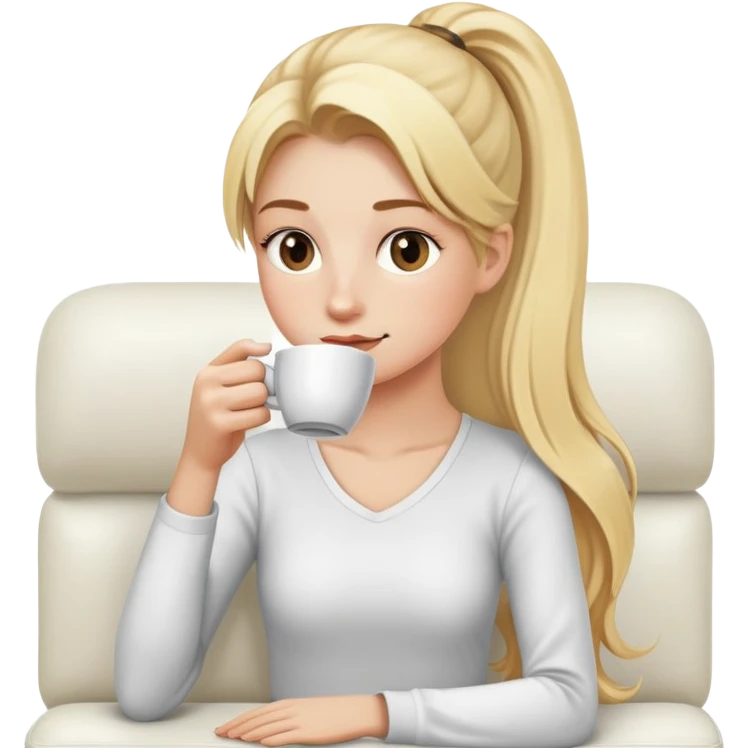 girl with long blonde pony tail sipping coffee on white couch emoji