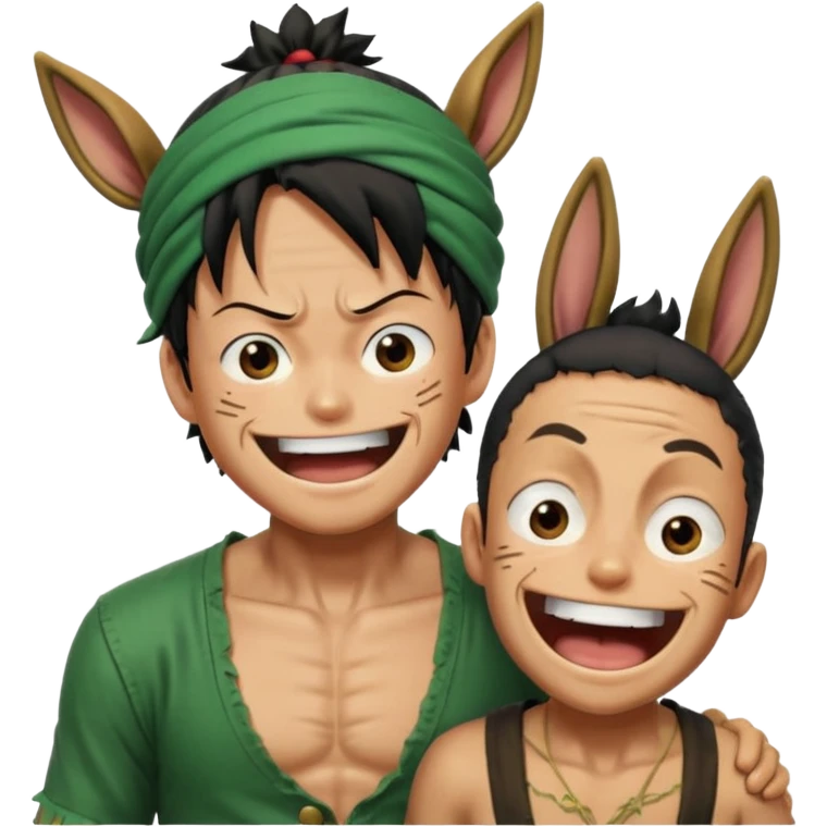 Luffy is riding on Zoro's back, and Zoro looks hilariously like the donkey. Zoro looks angry, and Luffy is laughing. The whole scene is very funny. emoji