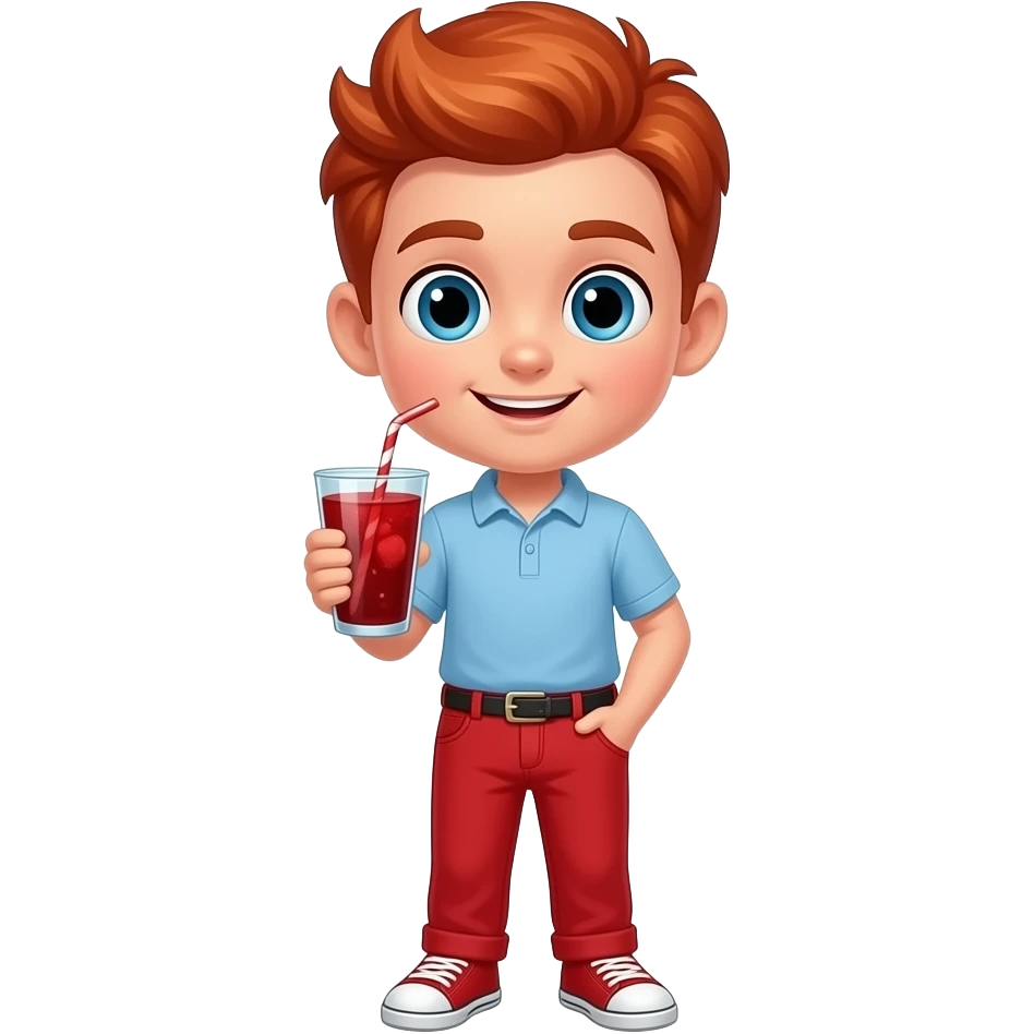 A boy holding with red hair and red pants holding a red drink emoji