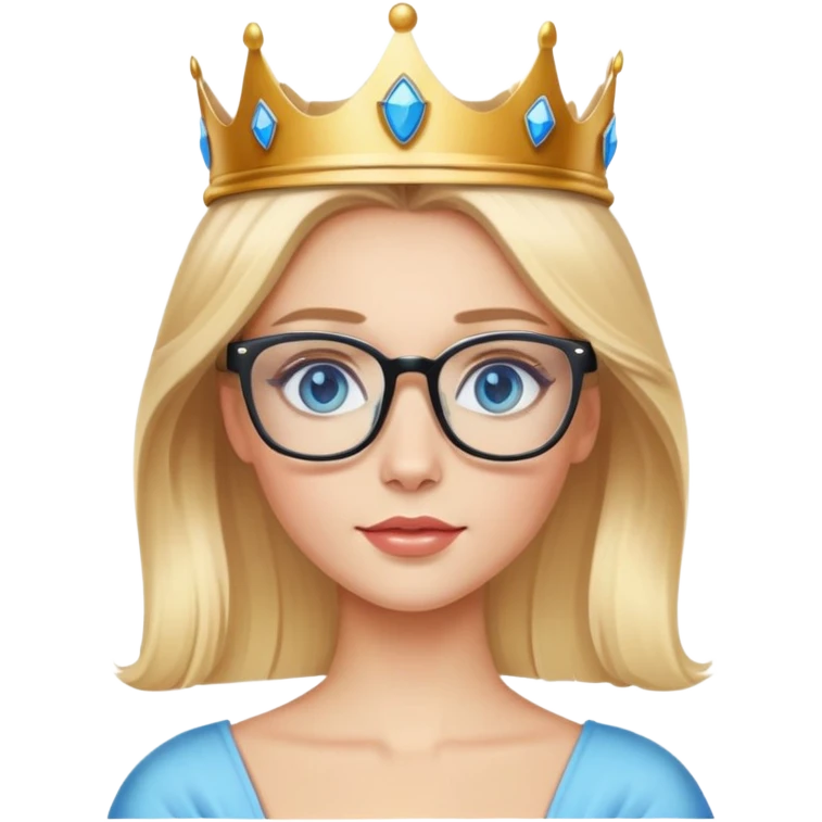 beautiful princess with blonde hair, bright blue eyes, wearing stylish glasses and a crown emoji