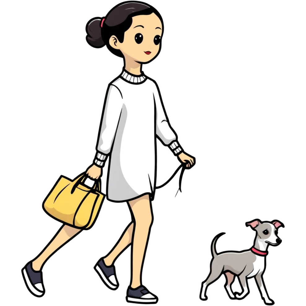 Pretty Asian girl with attractive features walking an all grey Italian greyhound with no white nose emoji