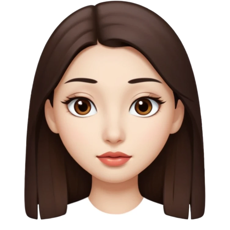 Una chica con piel muy clarita con pleo liso largo de color castaño y unos ojos marrones oscuro y labios grandes y nariz bonita y con unas pestañas que parezca asiatica que tenga las cejas un poquito mas juntas emoji