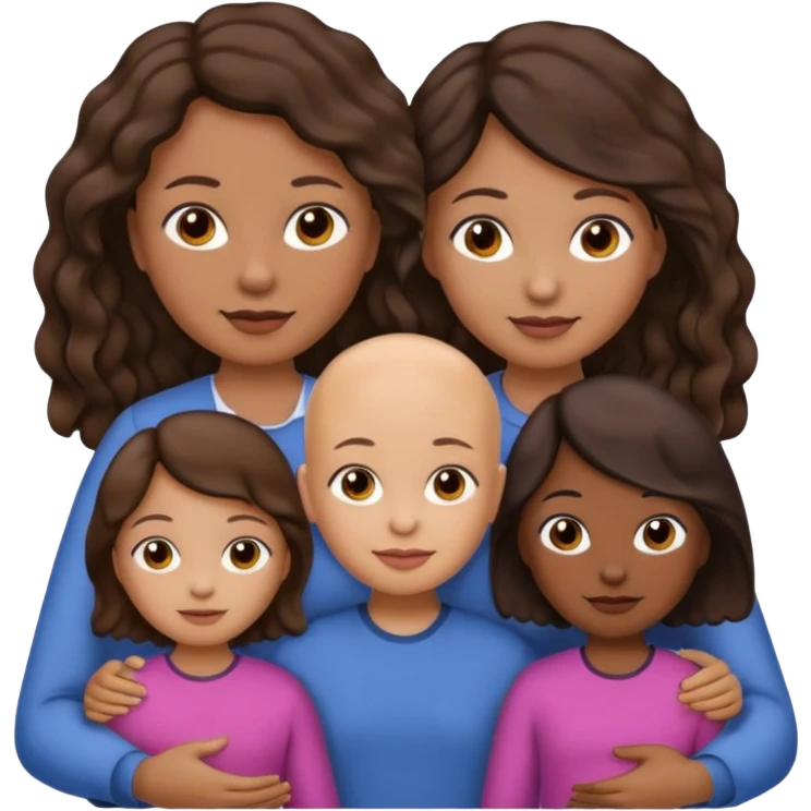 Simple family emoji where the dad is darker skinned and bald, the mom is lighter skinned with brown hair. Also two daughters with one having slightly darker skin and black wavy hair. The other daughter with lighter skin and wavy brown hair. emoji