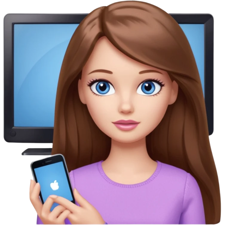 beautiful barbie girl with long brown hair, blue eyes and wearing light purple clothes watching netflix on tv emoji