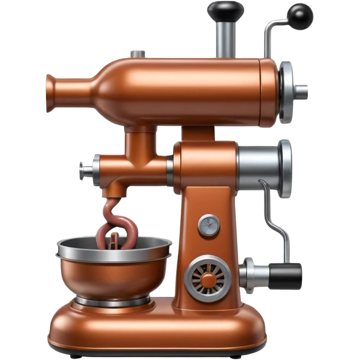 sausage-processing droid. retro-futuristic style. top is a circular industrial meat grinder with rotating gears and blades. Two robotic arms feed material into grinder. Sausage links extrude from the rear like  factory. The body is metallic, compact, and floats above the ground.no legs. Dark humor emoji