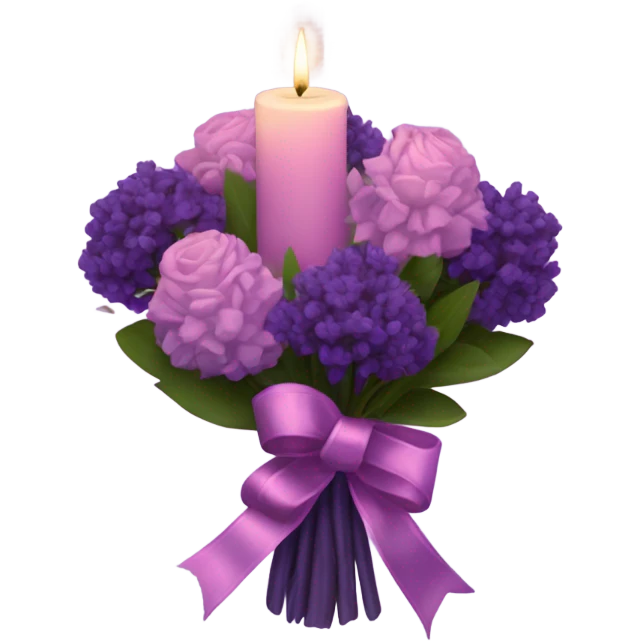 a beautiful aesthetic bouquet of dark purple and light pink lavender tied with a silk purple ribbon and a pink decorative candle  emoji