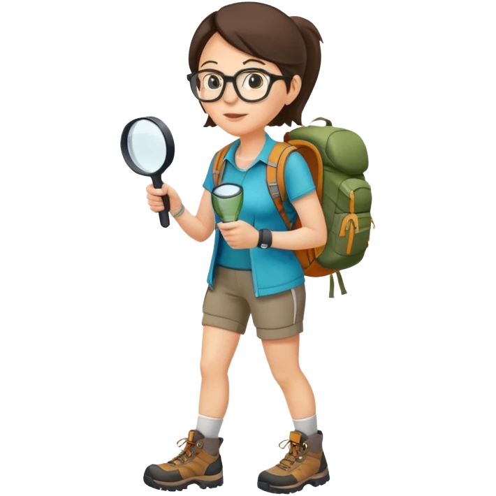 Woman in her 40s with glasses wearing sporty outfit, hiking boots, and backpack, holding a magnifying glass and looking curious emoji