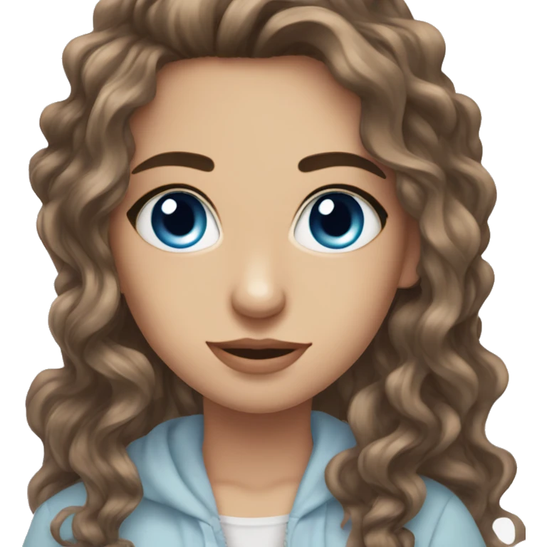 blue eyes, long wavy brown hair, thick eyebrows, long eyelashes, girl emoji