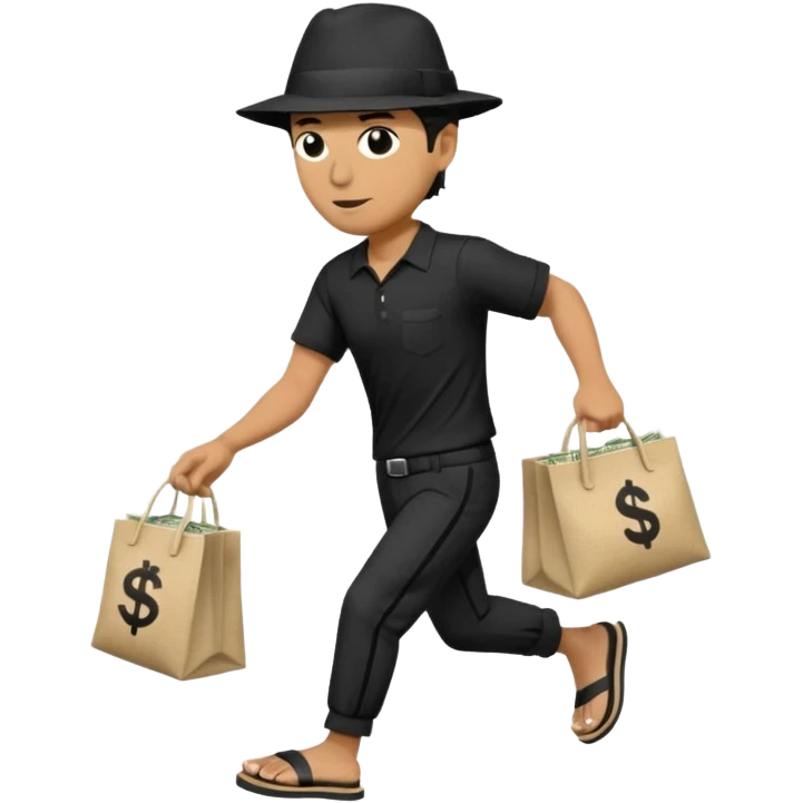 Make a man wear a black pant and he shirt is balck line and white line and wear a black hat and he holding a money bag and he running he wear a black eye thing no money in the Left hand and he yellow and the money bag in the right he wear a flip flop like this is Money bag 💰 NO MONEY emoji