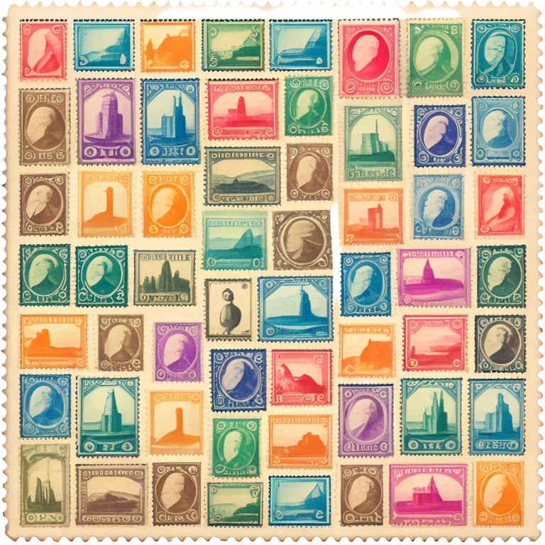 Icon for Stamp Collecting: a large stamp block in the center and a collection of vintage and colorful stamps arranged in an album or on a desk, with showcasing different themes. The icon should reflect the charm and history of philately. Transparent background. emoji