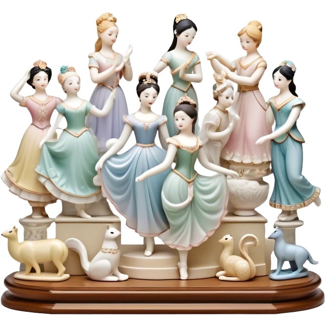Icon for Porcelain Figurine Collecting: a collection of delicate porcelain figurines, such as animals, dancers, and historical characters, displayed on a shelf or in a display case. The icon should convey the elegance and artistry of collecting porcelain statues. Transparent background. emoji