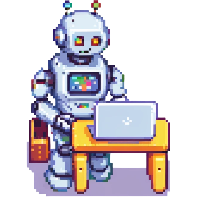 A funny robot using a laptop, bright colors, cartoonish and humorous. emoji