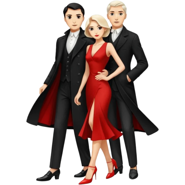 Ultra detailed realistic tango couple icon, black background, dramatic lighting, long black coat on man, white shirt and white shoes, red dress and white heels on woman, centered, minimal background, high contrast, 4K resolution, profile picture ready, sharp clean edges emoji