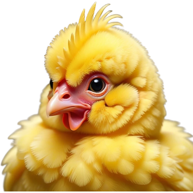 Cinematic Cute Yellow Baby Chicken Portrait Emoji, Head tilted playfully and inquisitively, featuring a fluffy, vibrant yellow downy coat with a tiny red comb, round, sparkling beady eyes filled with curiosity, Simplified yet irresistibly adorable features, highly detailed, glowing with a warm, friendly glow, high shine, affectionate and lively, stylized with a touch of playful whimsy, bright and endearing, soft glowing outline, capturing the essence of a mischievous yet loving chick, so playful it feels like it could peep out of the screen and into your arms! emoji