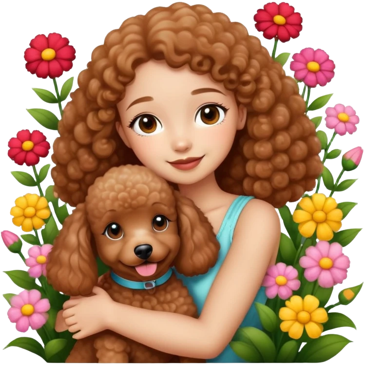 A beautiful girl happily hugs a brown poodle in the flowers emoji