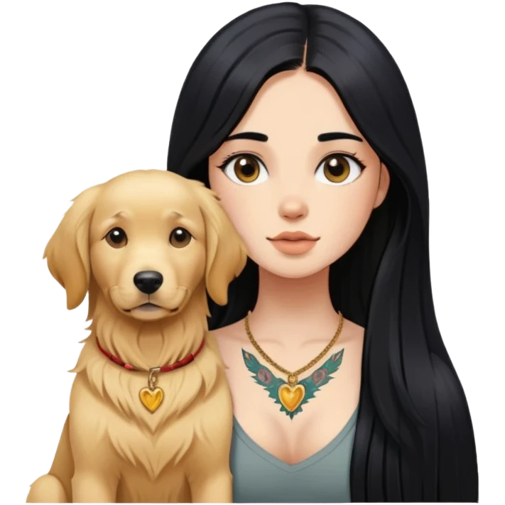 girl with long black  straight hair and chest tattoos and  a golden retriever emoji