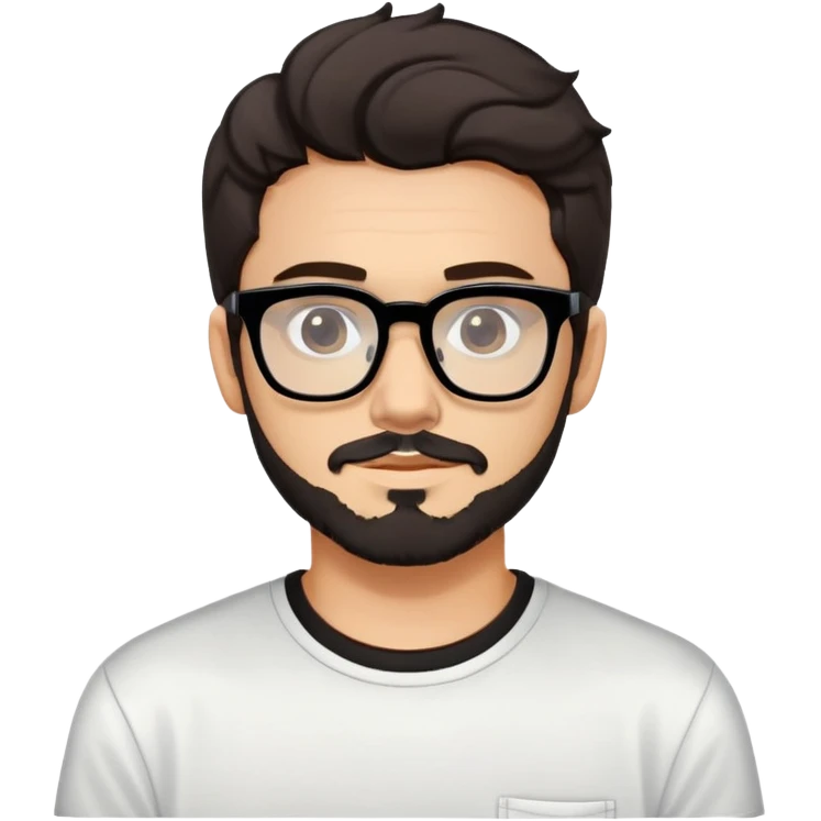 young adult man with light skin, short beard, dark wavy hair, relaxed expression, very wide rectangular glasses with thick black acetate frame and thick double bridge, retro oversized style, colorful open shirt and white t-shirt emoji
