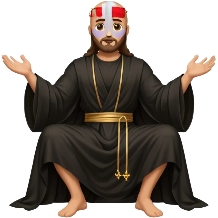 fullbody bald jesus christ jacked, sleeveless black robe sitting hand down emoji