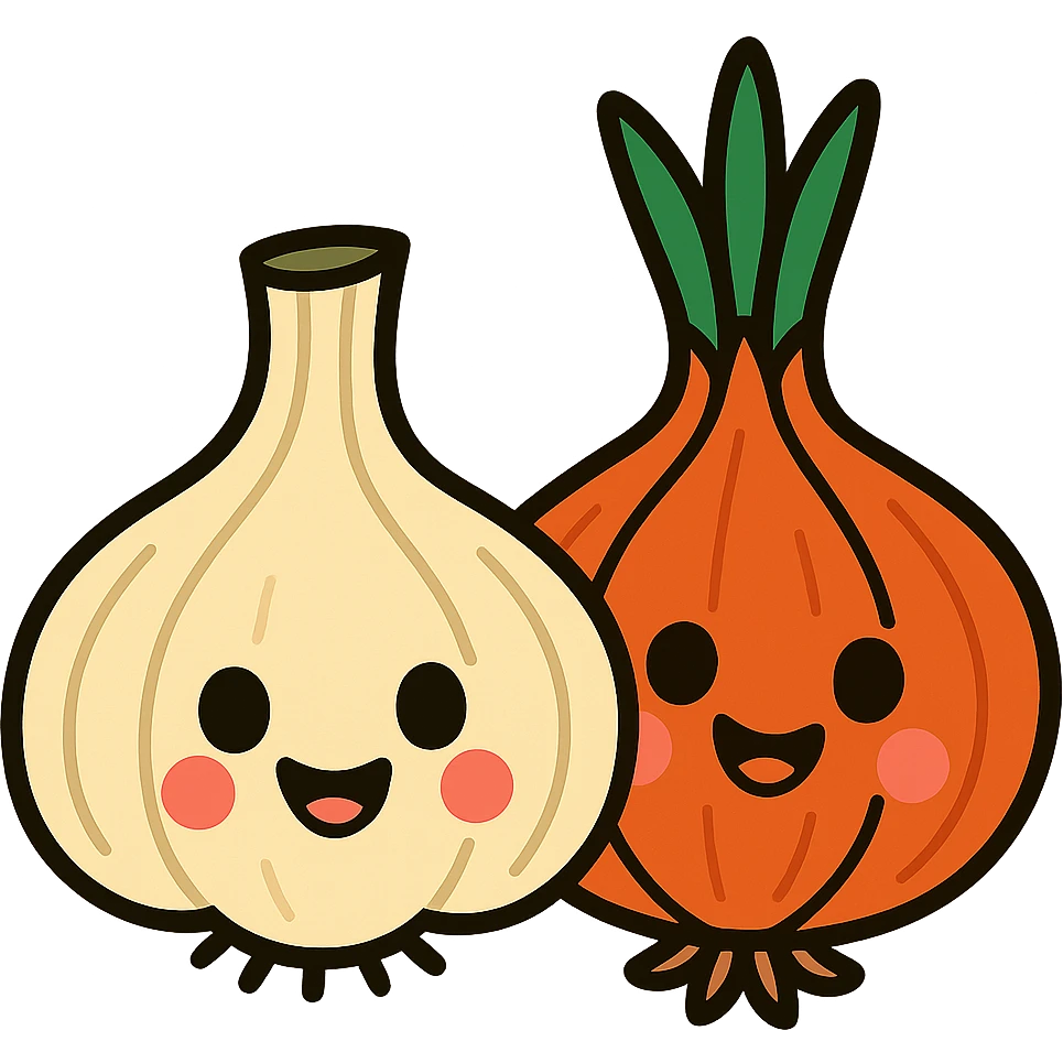 vibrant cartoon style garlic and onion with smiling faces emoji