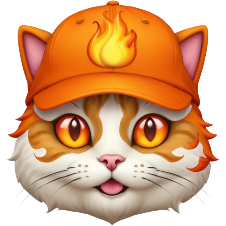 Cat with the flames in his eyes with a orange baseball hat on his head emoji
