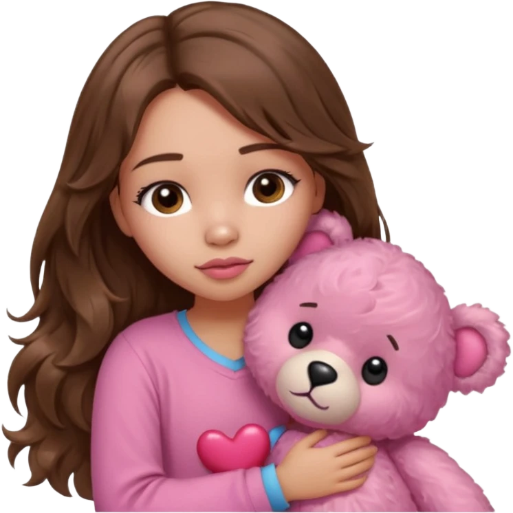 girl with long wavy brown hair, brown eyes, light to medium complexion, in a pink shirt, pink lips, long lashes, sad, hugging squeezing  a teddy bear with hearts emoji