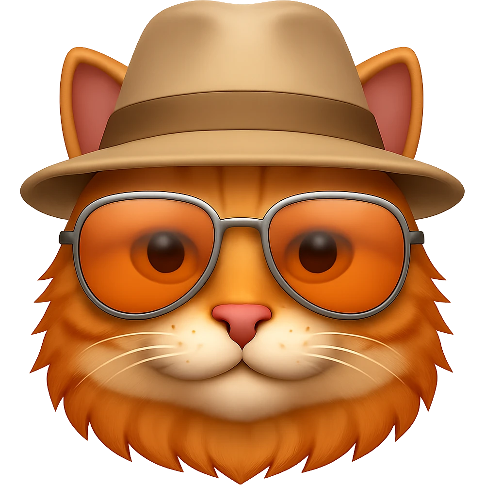 Edit the image of a cat wearing sunglasses with a hat in an emoji style. Remove the background and keep the cat cool and stylish with sunglasses and a hat, resembling an emoji look. emoji