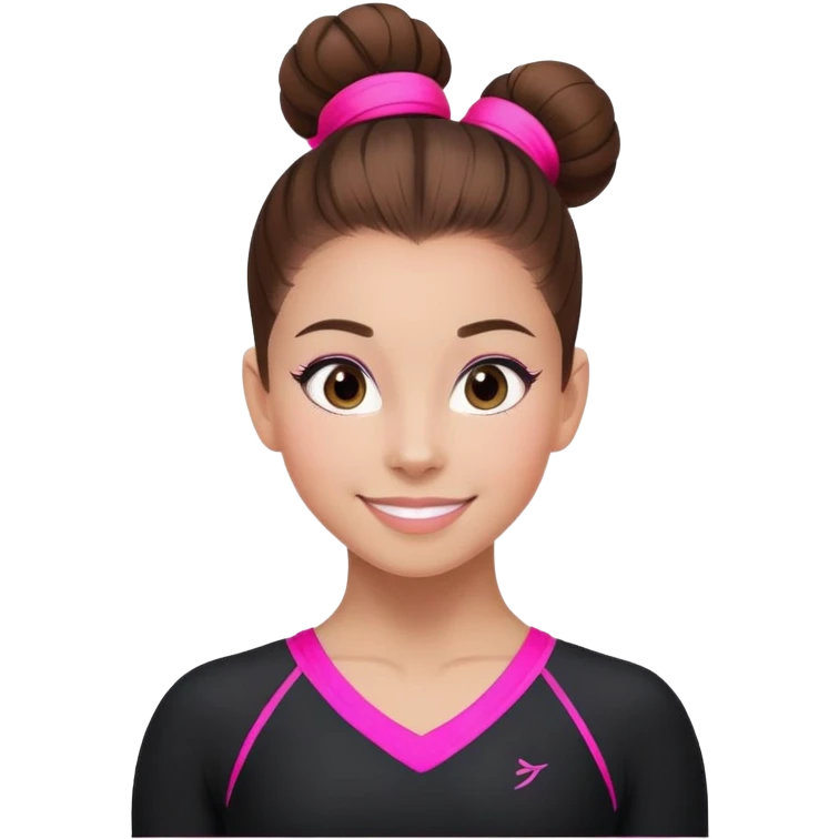 Happy female gymnast with brown hair in a neat bun, wearing a black uniform with neon pink elements. emoji