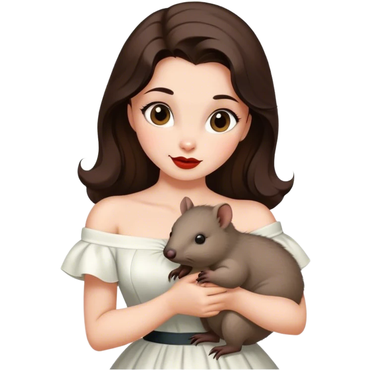 Beautiful woman in 1950’s woman fashion look, off-shoulder white dress, long dark brown hair, wombat emoji