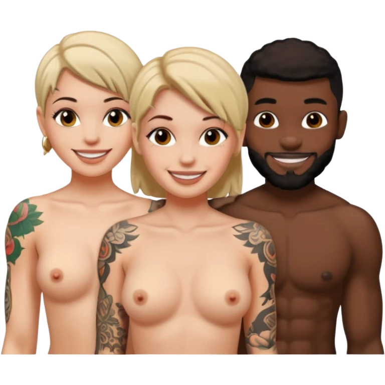 naked tattoed female, 2 black males emoji