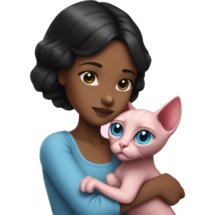 A girl with black hair hugs a pink sphinx cat with blue eyes  emoji