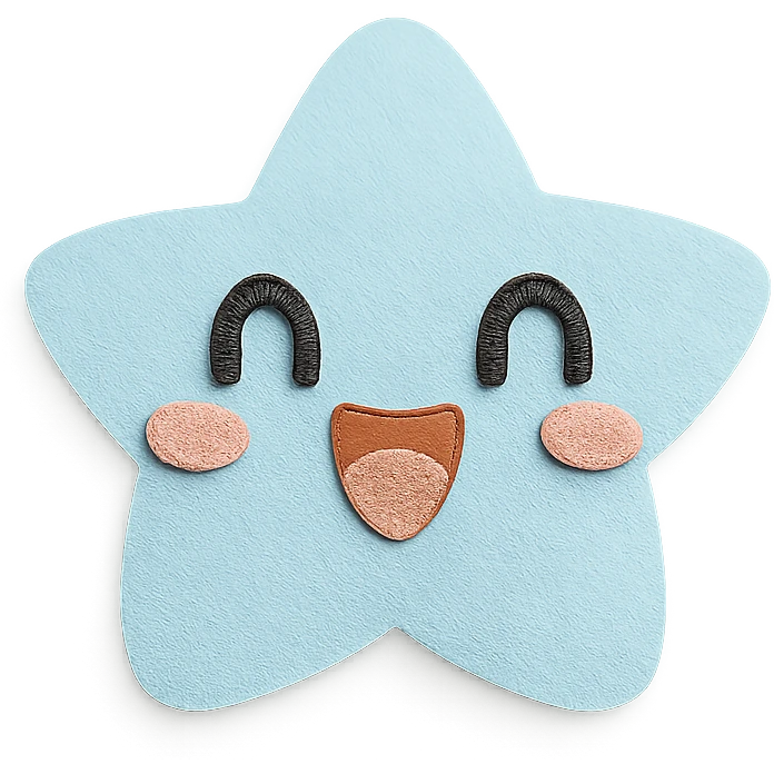 kawaii blue chibi star, excited face, soft pastel palette, no arms or legs, full body, paper craft style emoji