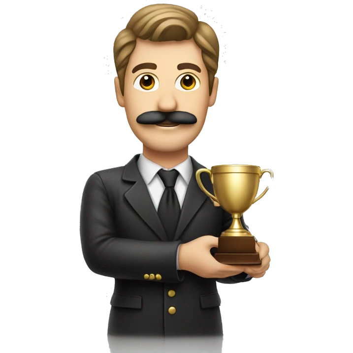 mustached man with winner trophy emoji