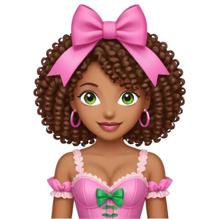 black woman with green eyes, curly hair, pink bow, pink corset, smiling emoji
