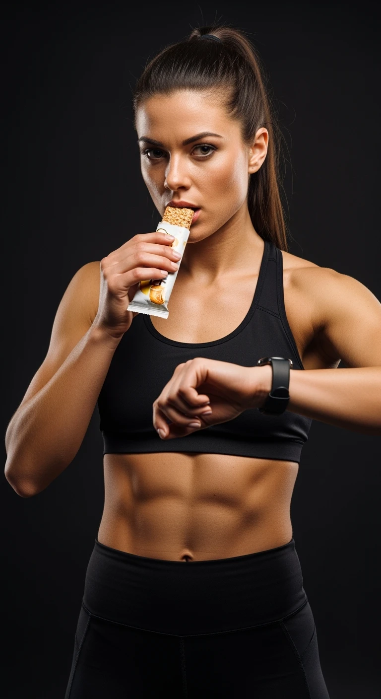 DONNA FITNESS ITALIANA CHE MANGIA DI FRETTA MENTRE GUARDA L'OROLOGIO , IPERREALISTICA 4K, SENZA SFONDO emoji