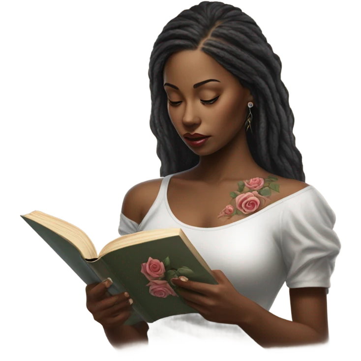 Hyper Realistic beautiful woman model with a small rose tattoo reading a book  emoji