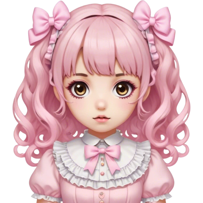 pale girl, who has curly medium length black and baby pink ends swirled hair with bangs and bows in hair, brown eyes, and doll like makeup, in a light pink lolita hime gyaru dress emoji