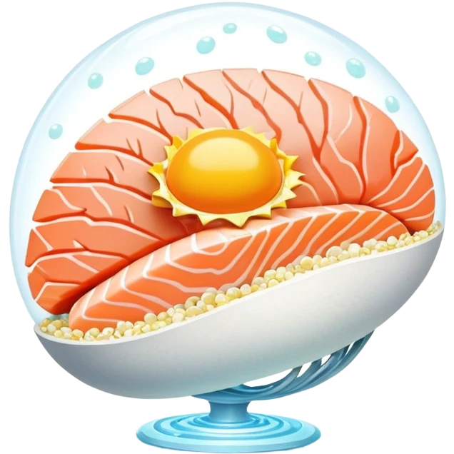 A sparkling crystal brain surrounded by pieces of salmon, a golden egg yolk, and fermented soy floating in a spiral. Thin light beams connect from these foods to glowing points on the brain surface, creating a circuit of expanded focus. emoji