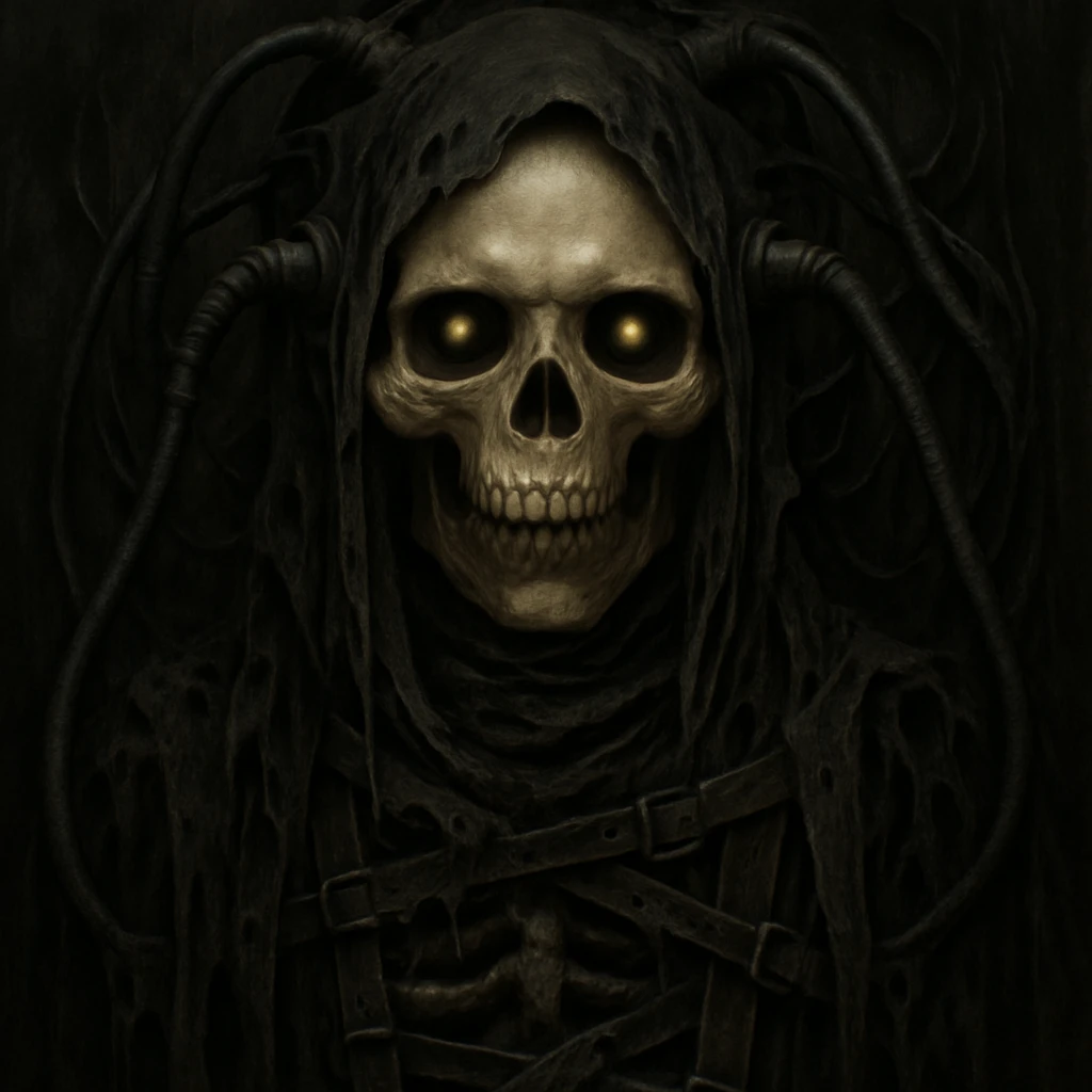 Add black rags and bondage straps to the dark intertwined wires and black creature, keeping the dark surreal look inspired by H.R. Giger's style. Maintain the skull, wires, and overall eerie atmosphere in the image. emoji