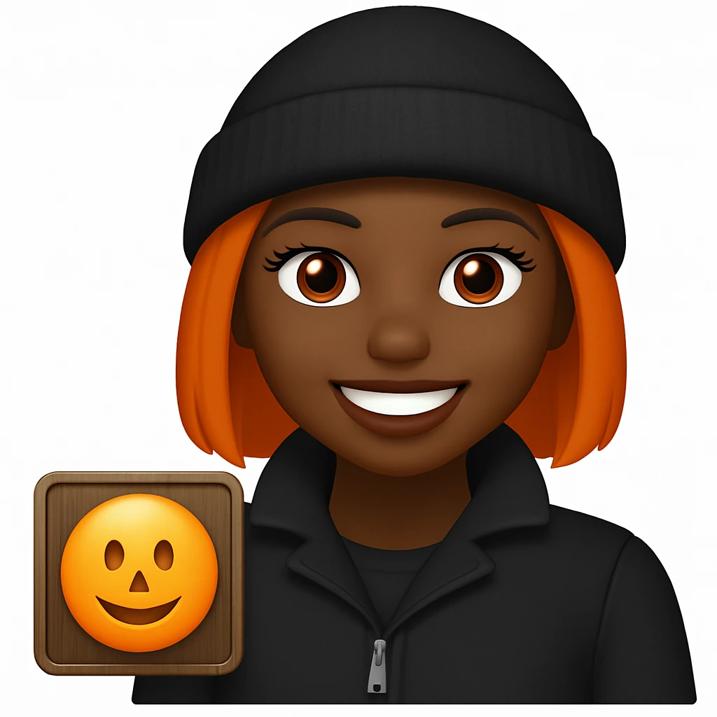 Make the subject wear a black beanie on her head and a black jacket, originally in apple style emojis emoji
