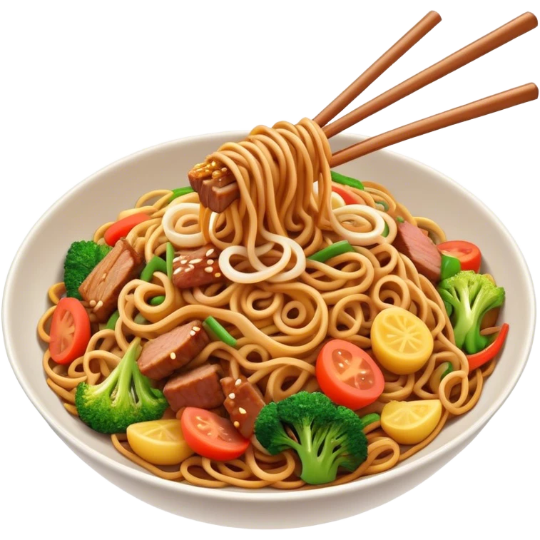 Cinematic Realistic Mie Goreng Dish Emoji, featuring stir‚Äêfried noodles with vegetables and meat rendered with dynamic textures and warm, appetizing lighting. emoji