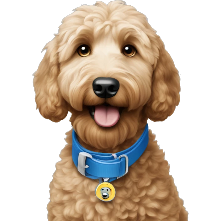 Goldendoodle with blue collar and AirTag is getting ready to eat is food emoji