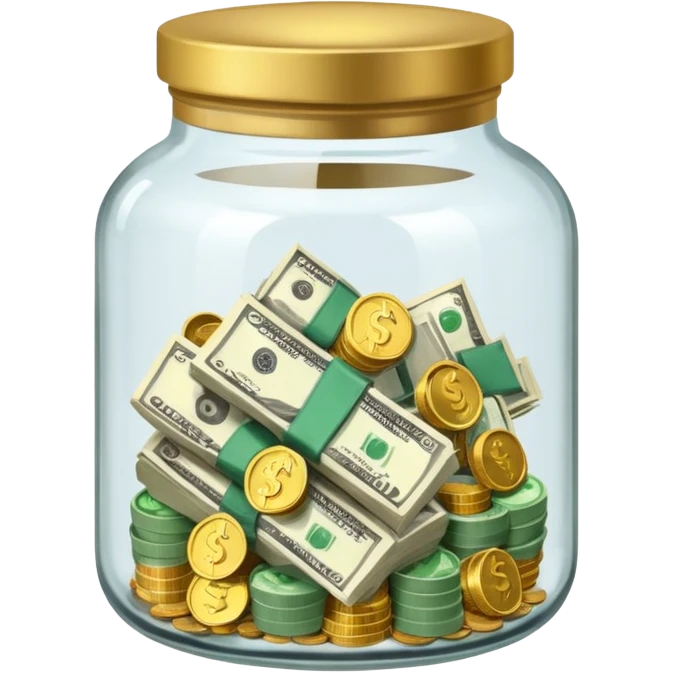 glass tip jar emoji style, simple with cash and coins  emoji