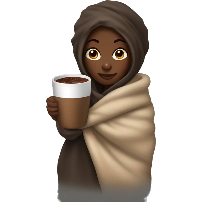 Cozy black girl wrapped in a blanket holding a mug with hott chocolate  emoji