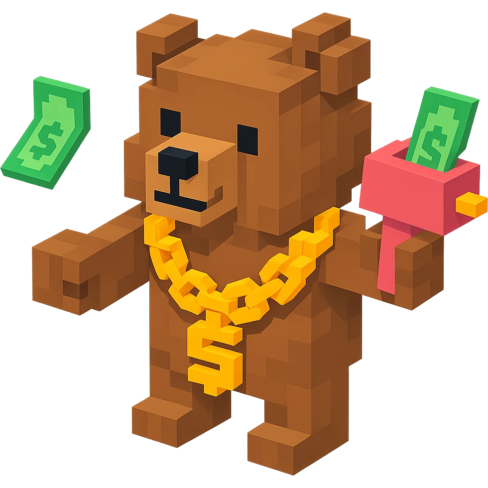 Russian grizzly bear wearing a rapper chain and holding a money gun emoji